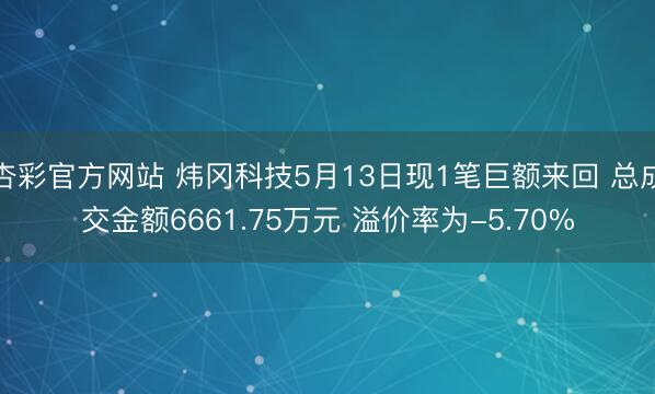 杏彩官方网站 炜冈科技5月13日现1笔巨额来回 总成交金额6661.75万元 溢价率为-5.70%